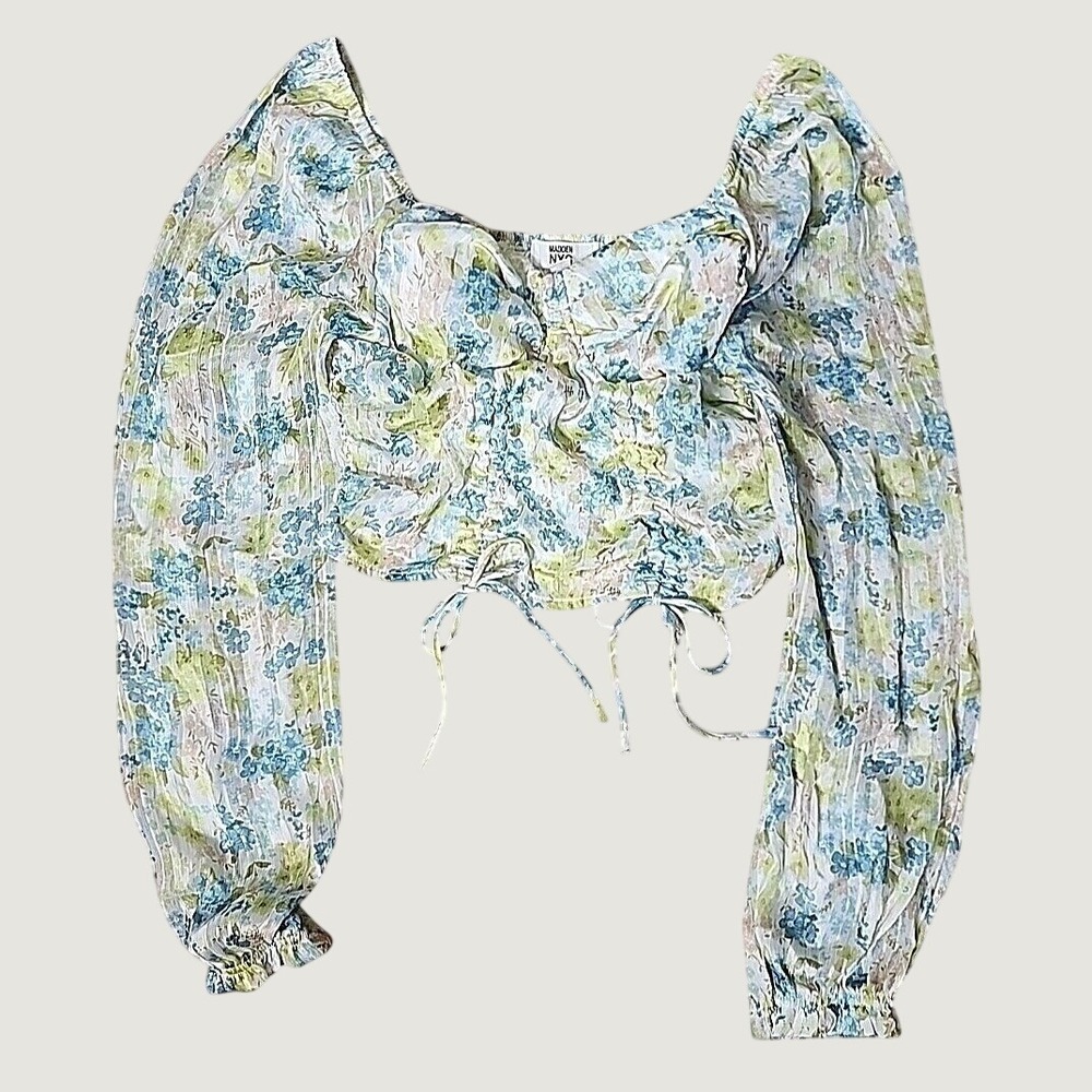 Madden NYC Boho Corset Crop Top Blue Green Floral Coquette Fairy Cottage Peasant